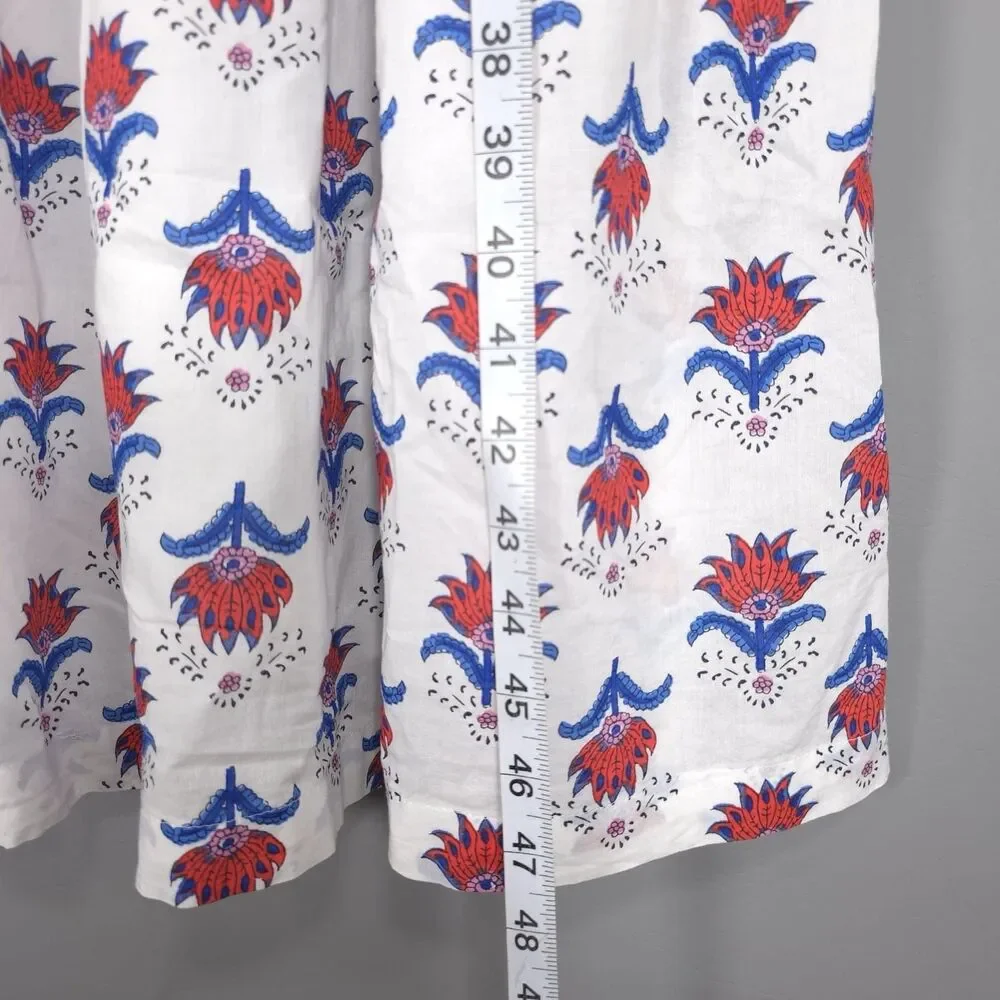 J.CREW‎ Midi Dress Size 14 White Floral Ruffle Sleeve Smocked Cotton Red Blue